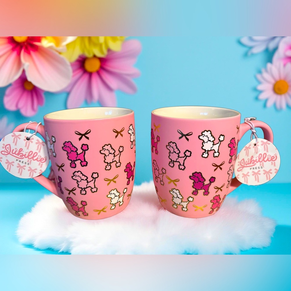 Jubillie NWT Beautiful Pink Poodle Gold Bow Soft Touch Mug Set